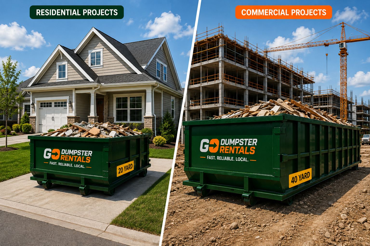 Left: a 20 yard Go Dumpster Rentals roll-off dumpster filled with debris in the driveway of a suburban home, labelled Residential Projects. Right: a 40 yard dumpster on a commercial construction site beside a multi-storey building and tower crane, labelled Commercial Projects.